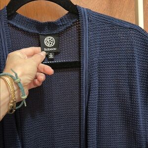 NWOT Bobeau Navy Blue Open Knit Midi Cardigan, Cap Sleeves Sheer Layer Small